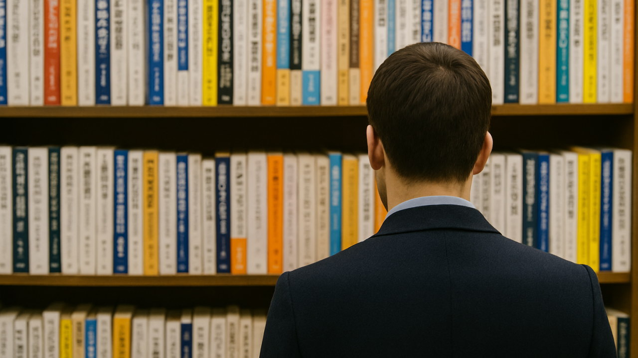 本屋のビジネス書棚を背後から見ている男性の後ろ姿