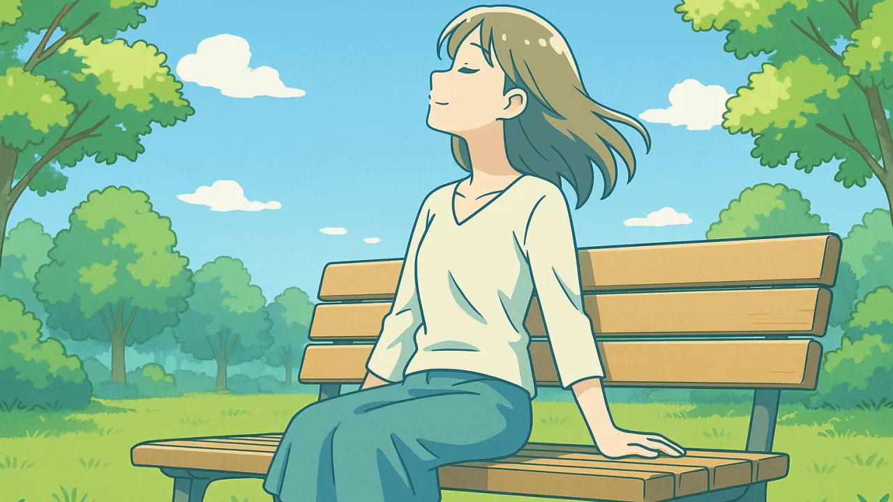 退職直後の自由を感じて公園のベンチで深呼吸する女性のイラスト。青空と緑の木々に囲まれ新しい環境を象徴する場面